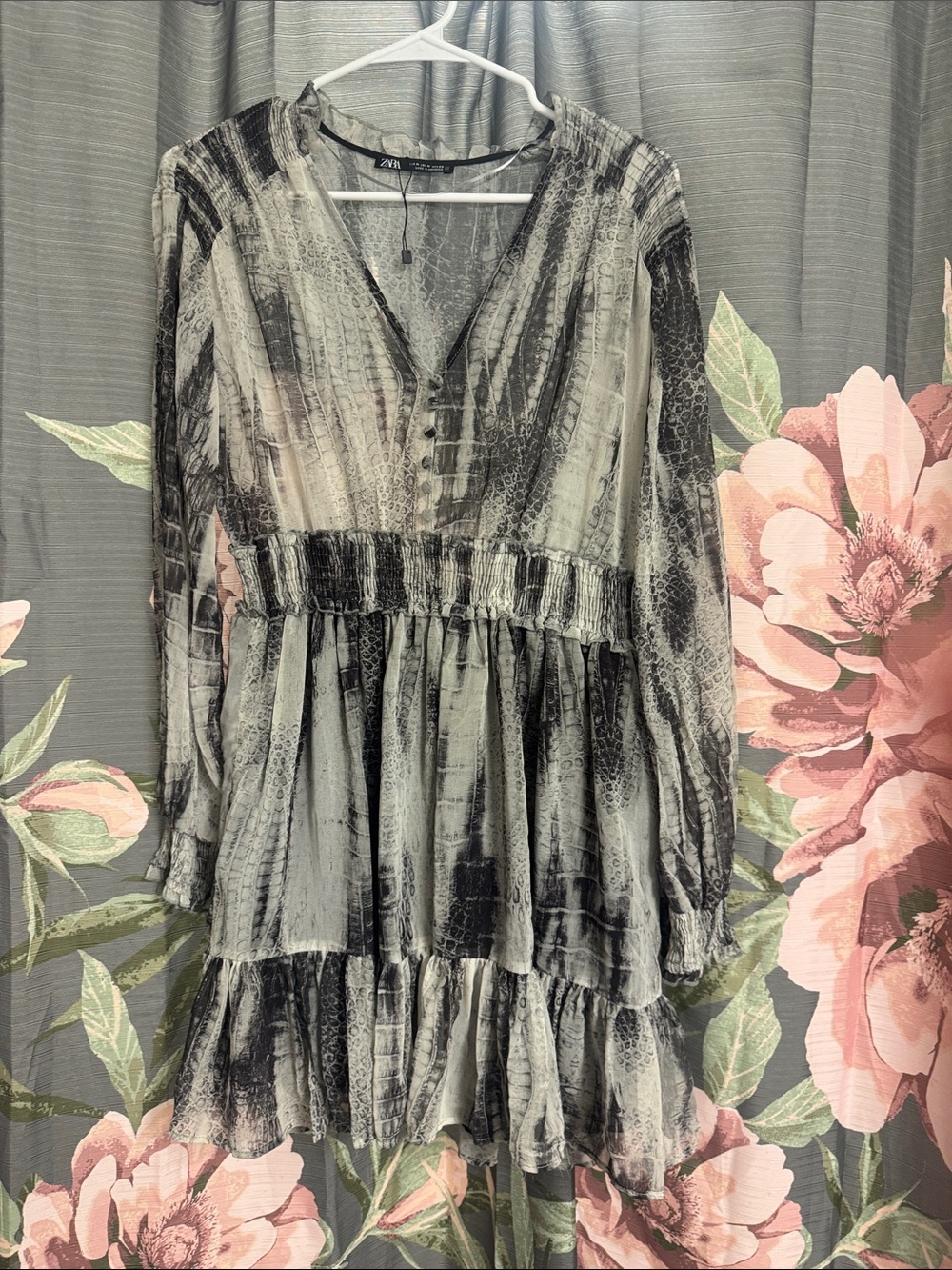 Zara Black & White Printed Long Sleeve Tiered Dress
